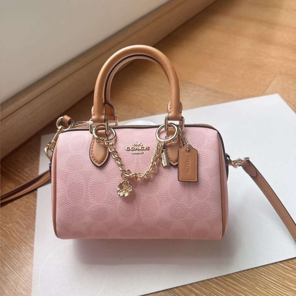 Coach Mini Rowan Satchel Crossbody - Pink Signature Canvas with Flower Charm
